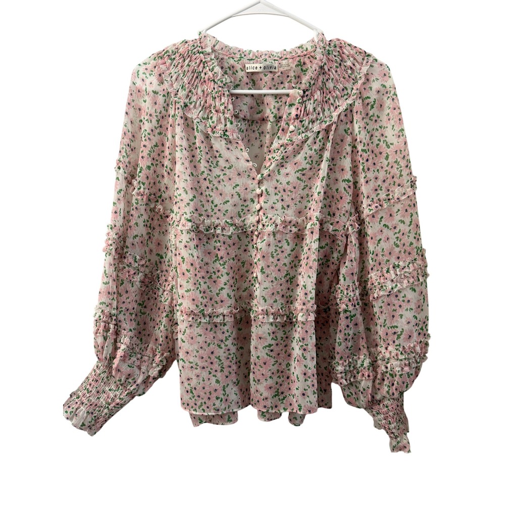 Alice + Olivia Pink Floral Willa Tiered Ruffle Chiffon Blouse Small Cottagecore